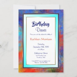 Blue Gold Waterverf Birthday Dinner Invitation Kaart