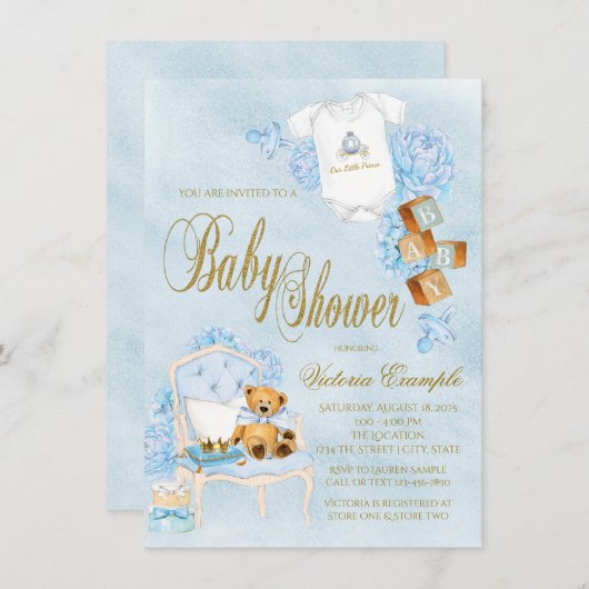 Blue Gold Waterverf Boy Baby shower Kaart (Voorkant / Achterkant)