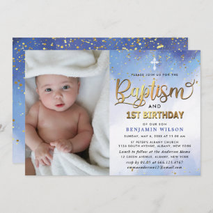 Blue & Gold Waterverf Boy Baptism & 1st Birthday Kaart