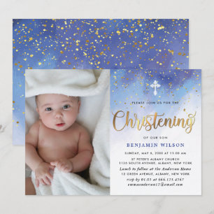 Blue & Gold Waterverf Boy Christening Kaart
