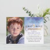 Blue & Gold Waterverf Boy First Heilige Communie Kaart (Staand voorkant)