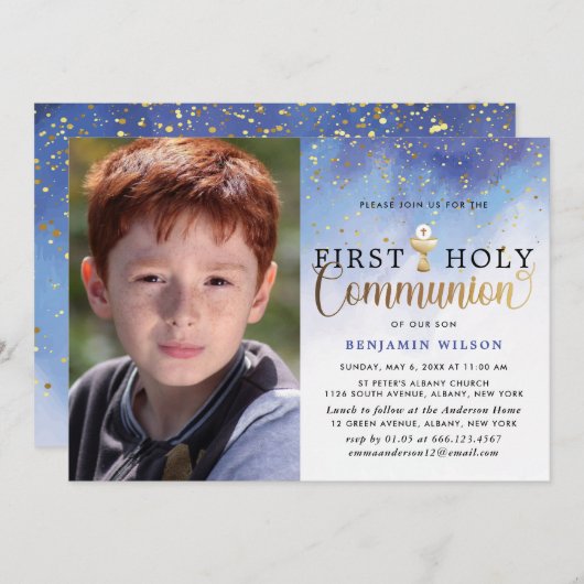 Blue & Gold Waterverf Boy First Heilige Communie Kaart (Voorkant / Achterkant)