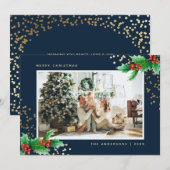 Blue Gold Waterverf Holly-fotokerstkaarten Feestdagenkaart (Voorkant / Achterkant)