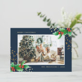 Blue Gold Waterverf Holly-fotokerstkaarten Feestdagenkaart (Staand voorkant)