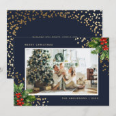 Blue Gold Waterverf Holly-fotokerstkaarten Feestdagenkaart (Voorkant / Achterkant)