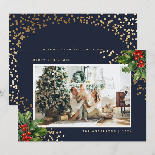 Blue Gold Waterverf Holly-fotokerstkaarten Feestdagenkaart (Voorkant / Achterkant)