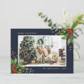 Blue Gold Waterverf Holly-fotokerstkaarten Feestdagenkaart (Staand voorkant)