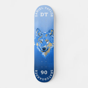 Blue Gold Waterverf Paint Gradient Monogram Wolf Persoonlijk Skateboard