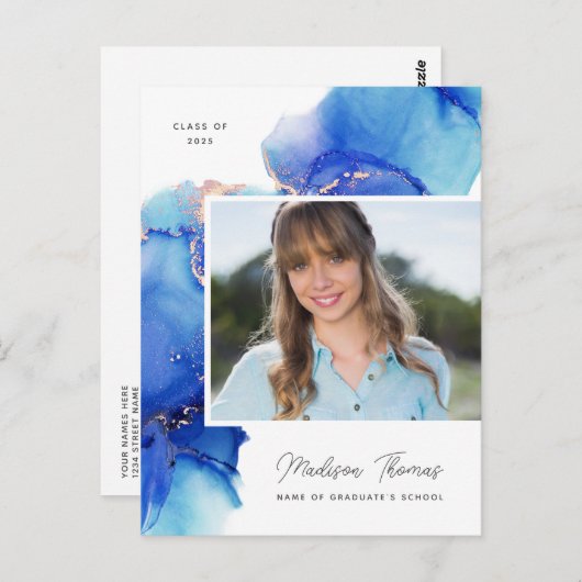 Blue Gold Waterverf Photo Afstuderen Briefkaart (Voorkant / Achterkant)