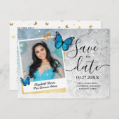 Blue Gold Waterverf Quince Foto Bewaar de datum Aankondigingskaart (Voorkant / Achterkant)