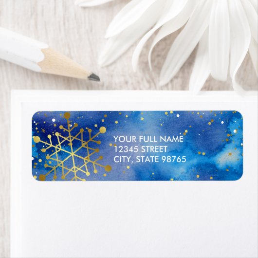 Blue Gold Waterverf Snowflake Return-adres Etiket (Insitu)