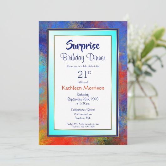 Blue Gold Waterverf Surprise 21st Birthday Dinner Kaart (Staand voorkant)