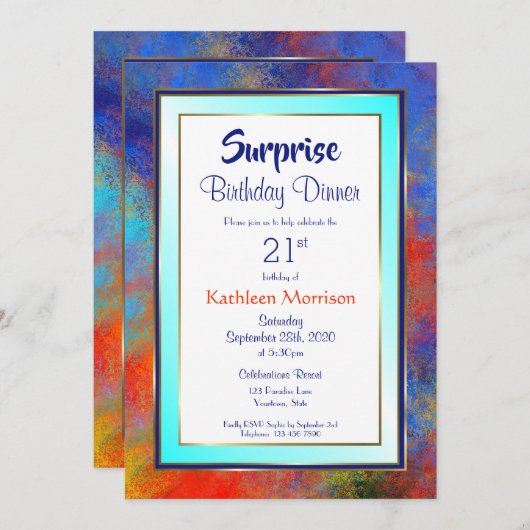 Blue Gold Waterverf Surprise 21st Birthday Dinner Kaart (Voorkant / Achterkant)