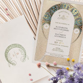 Blue Gold Wedding Art Nouveau Art Deco Mucha Folie Uitnodiging