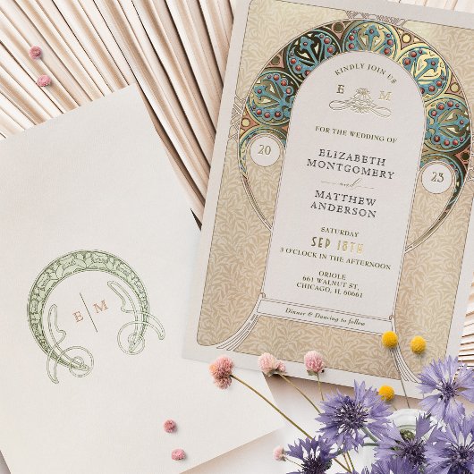 Blue Gold Wedding Art Nouveau Art Deco Mucha Folie Uitnodiging