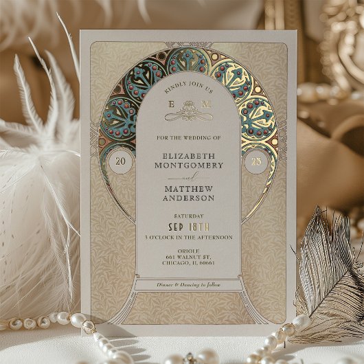 Blue Gold Wedding Art Nouveau Art Deco Mucha Folie Uitnodiging