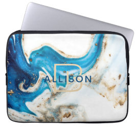 Blue Gold White Marble Abstract Art Monogram Laptop Sleeve