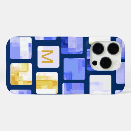Blue Gold White Mosaic Monogram iPhone Case (Achterkant (horizontaal))