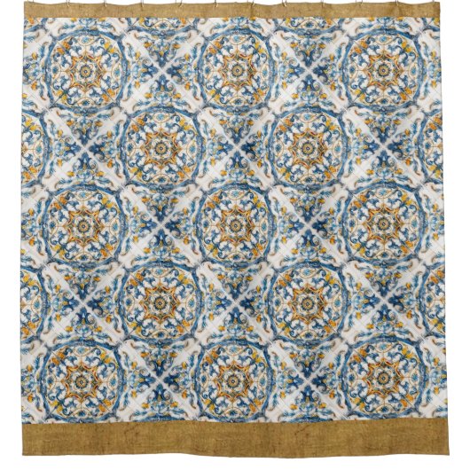 Blue Gold White Vietri Talavera Azulejo look Tile Douchegordijn (Voorkant)