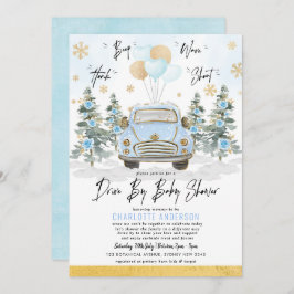 Blue Gold Winter Drive Thru Baby Boy Shower Kaart