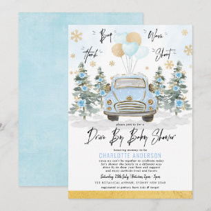 Blue Gold Winter Drive Thru Baby Boy Shower Kaart