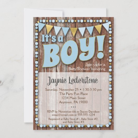 Blue Gold Wood Het is een Baby shower-uitnodiging. Kaart (Voorkant)