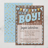 Blue Gold Wood Het is een Baby shower-uitnodiging. Kaart (Voorkant / Achterkant)