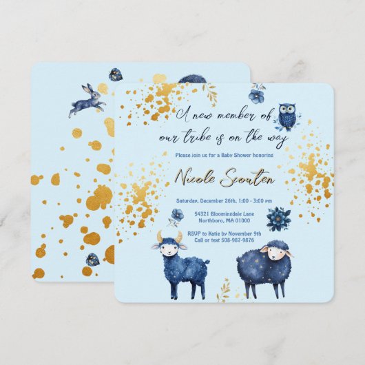 Blue Gold Woodland Baby shower Bewaar de datum Save The Date (Voorkant / Achterkant)