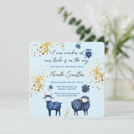 Blue Gold Woodland Baby shower Bewaar de datum Save The Date (Staand voorkant)