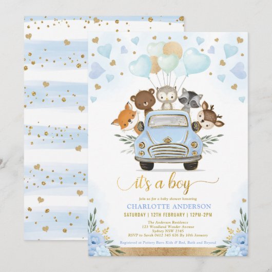 Blue Gold Woodland SweeBaby Boy Shower Kaart (Voorkant / Achterkant)