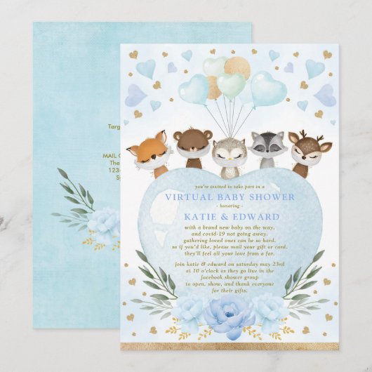 Blue Gold Woodland Valentijns Baby shower Virtual Kaart (Voorkant / Achterkant)