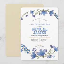 Blue Gold Wreath Heilige Eerste Communie Kaart