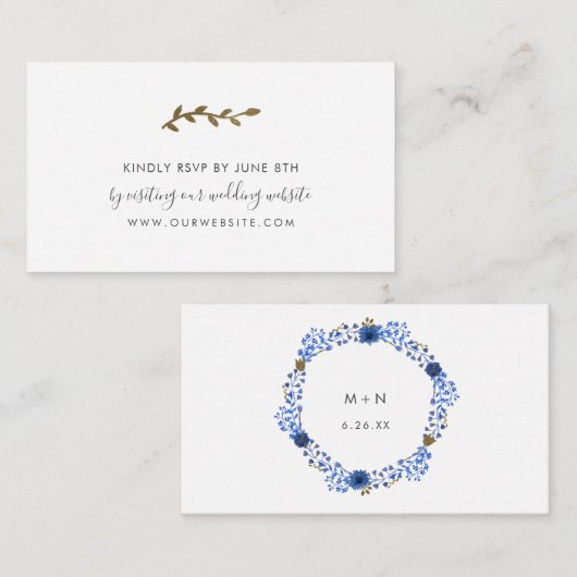 Blue Gold Wreath trouwwebsite rsvp Informatiekaartje (Voorkant / Achterkant)