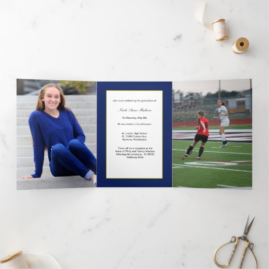 Blue & Gold Yellow Photo Afstuderen aangekondigd Drieluik Aankondiging (Binnen)