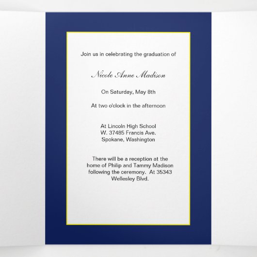 Blue & Gold Yellow Photo Afstuderen aangekondigd Drieluik Aankondiging (Binnenkant midden)