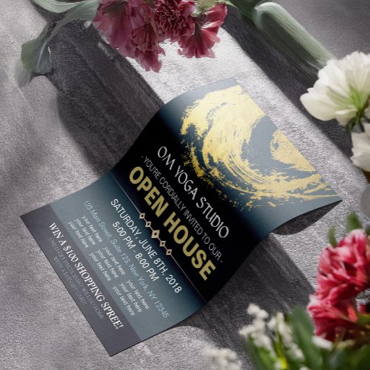 Blue & Gold YOGA Massage Therapy Studio Open House Flyer