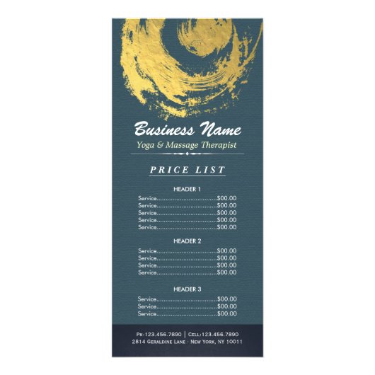 Blue Gold Yoga Massage Therapy ZEN Sign Price List Reclamekaart (Achterkant)