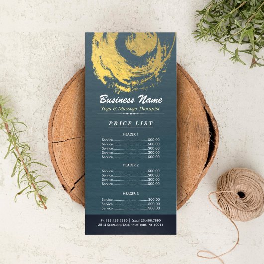 Blue Gold Yoga Massage Therapy ZEN Sign Price List Reclamekaart