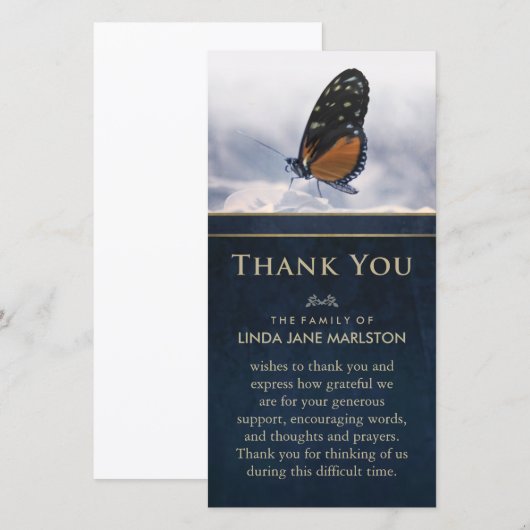 Blue Golden Butterfly Sympathie Hartelijk dank Bedankkaart (Voorkant / Achterkant)