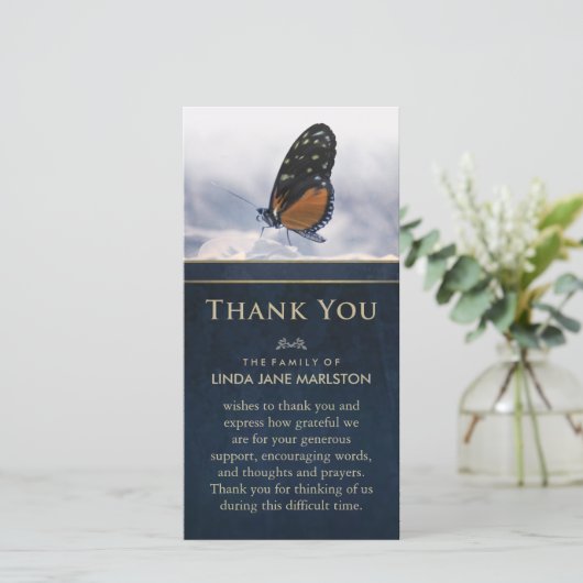 Blue Golden Butterfly Sympathie Hartelijk dank Bedankkaart (Staand voorkant)