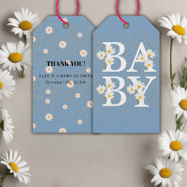 Blue Golden Daisy Glitter Glow Baby shower Cadeaulabel
