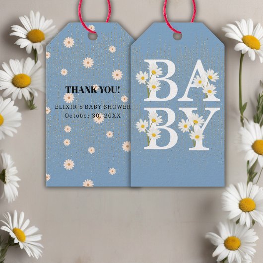 Blue Golden Daisy Glitter Glow Baby shower Cadeaulabel