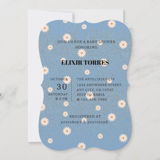 Blue Golden Daisy Glitter Glow Baby shower Kaart (Voorkant)
