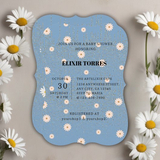 Blue Golden Daisy Glitter Glow Baby shower Kaart