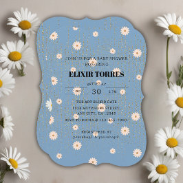 Blue Golden Daisy Glitter Glow Baby shower Kaart