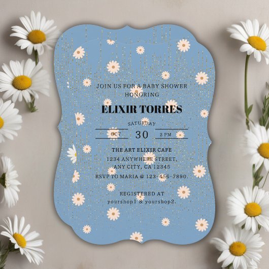Blue Golden Daisy Glitter Glow Baby shower Kaart