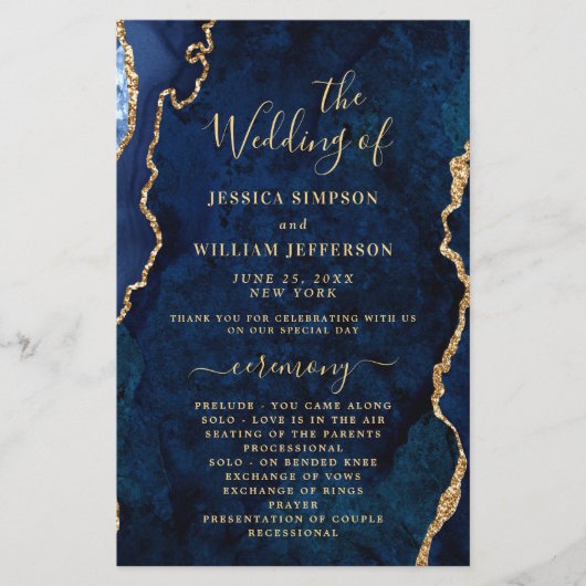 Blue Golden Marble Agate Wedding Ceremony Program (Voorkant)