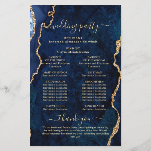 Blue Golden Marble Agate Wedding Ceremony Program (Achterkant)