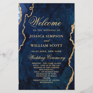 Blue Golden Marble Agate Wedding Ceremony Program