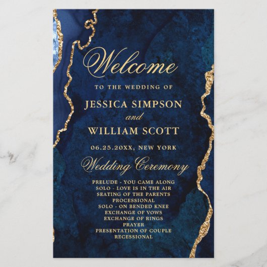 Blue Golden Marble Agate Wedding Ceremony Program (Voorkant)